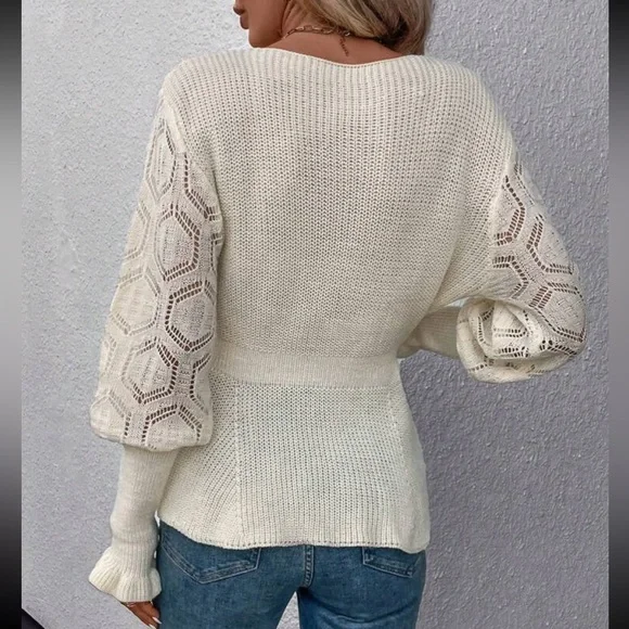 Comfy Sheer Mesh Crochet Guipure Lace Cuff Long Sleeve Peplum Knit Sweater - Picture 2 of 5